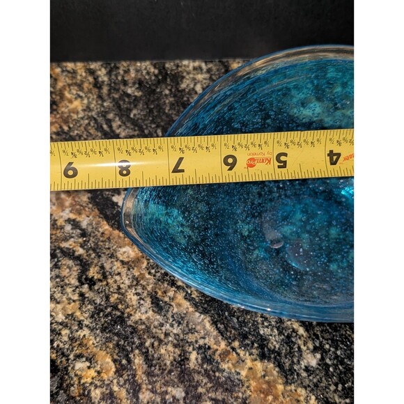 Handmade Blue Bubbled Recycled Art Glass Oblong Heart Bowl Dish Decor 8” - Picture 4 of 7